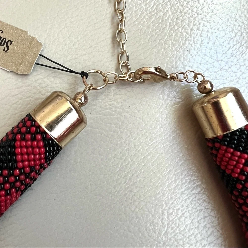 Southern Living Red & Black Beaded Plaid Collar Necklace NWT